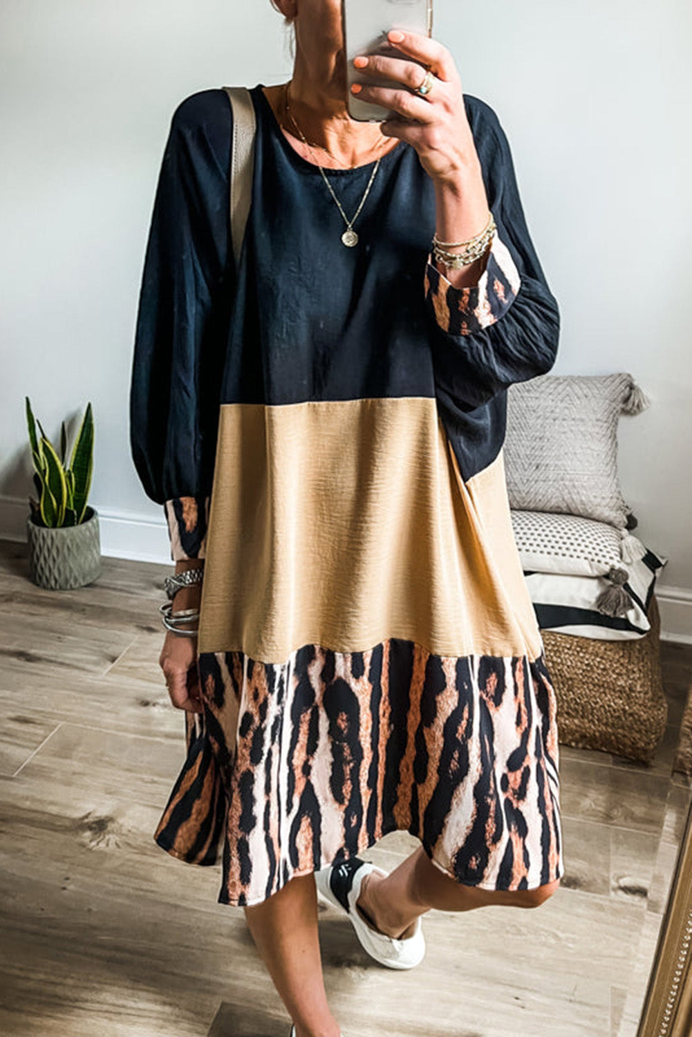 LuckeLadybug LLC Casual Mini Dress in Color Block Style with Animal Print Details