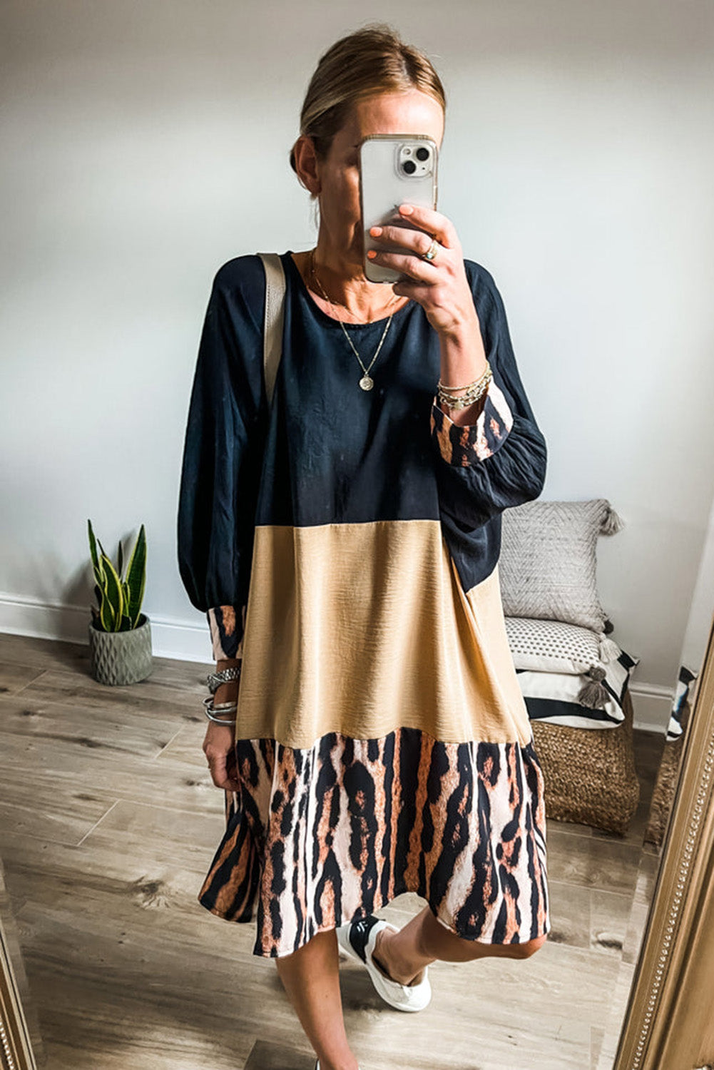 LuckeLadybug LLC dress mini dress featuring a stylish color block design with animal print accents