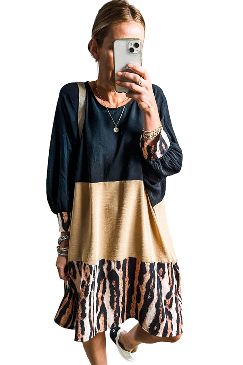 LuckeLadybug LLC Stylish Mini Dress in Black and Animal Print for Casual Chic Outfits