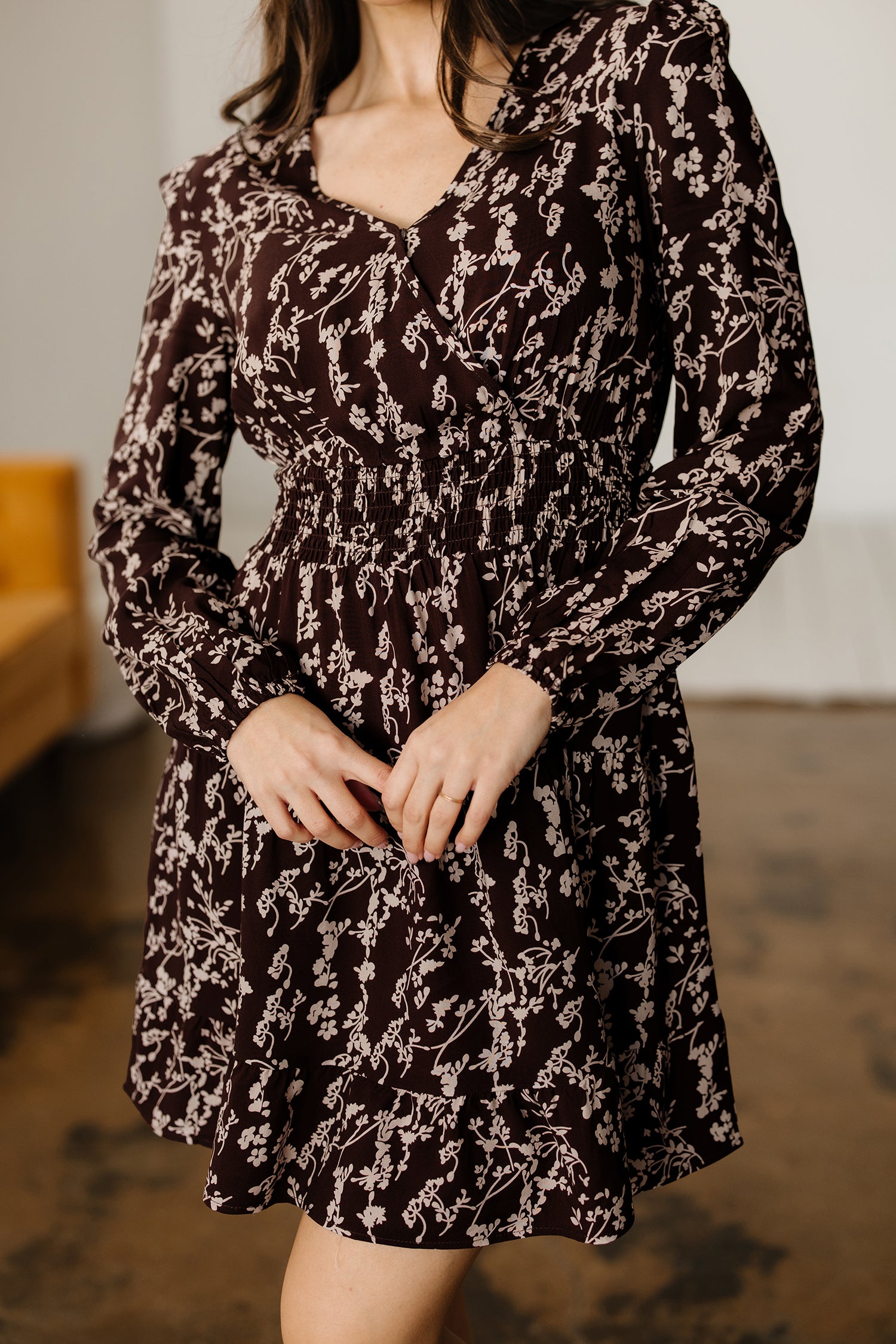 LuckeLadybug LLC Fit & Flare Mini Dress in Dark Floral Print with Long Sleeves