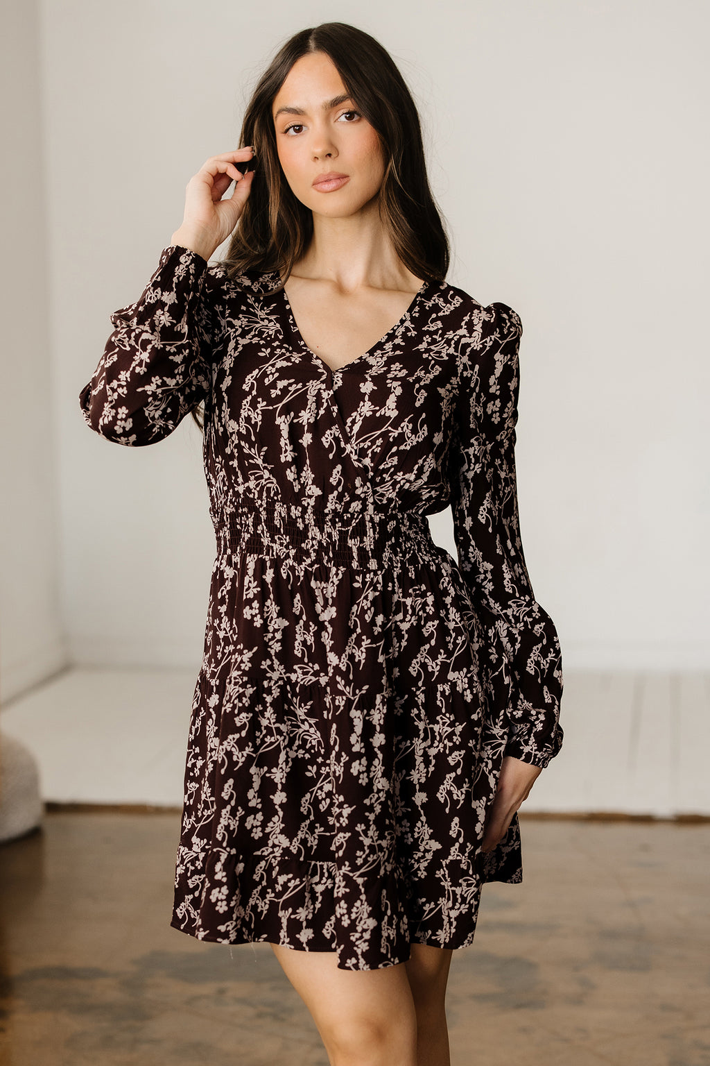 LuckeLadybug mini dress with a fit and flare design featuring a floral pattern and puff sleeves