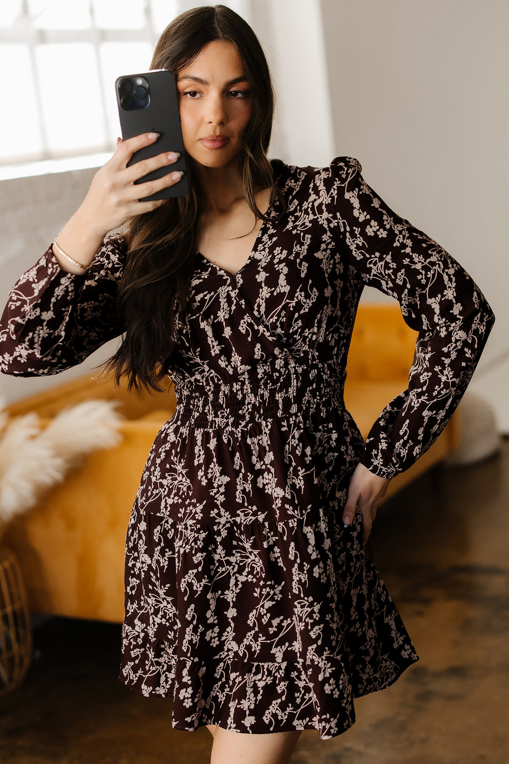 LuckeLadybug LLC Fit & Flare Mini Dress in Dark Floral Print with Long Sleeves