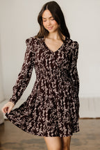 LuckeLadybug LLC Fit & Flare Mini Dress with Long Sleeves and Floral Print in Dark Purple