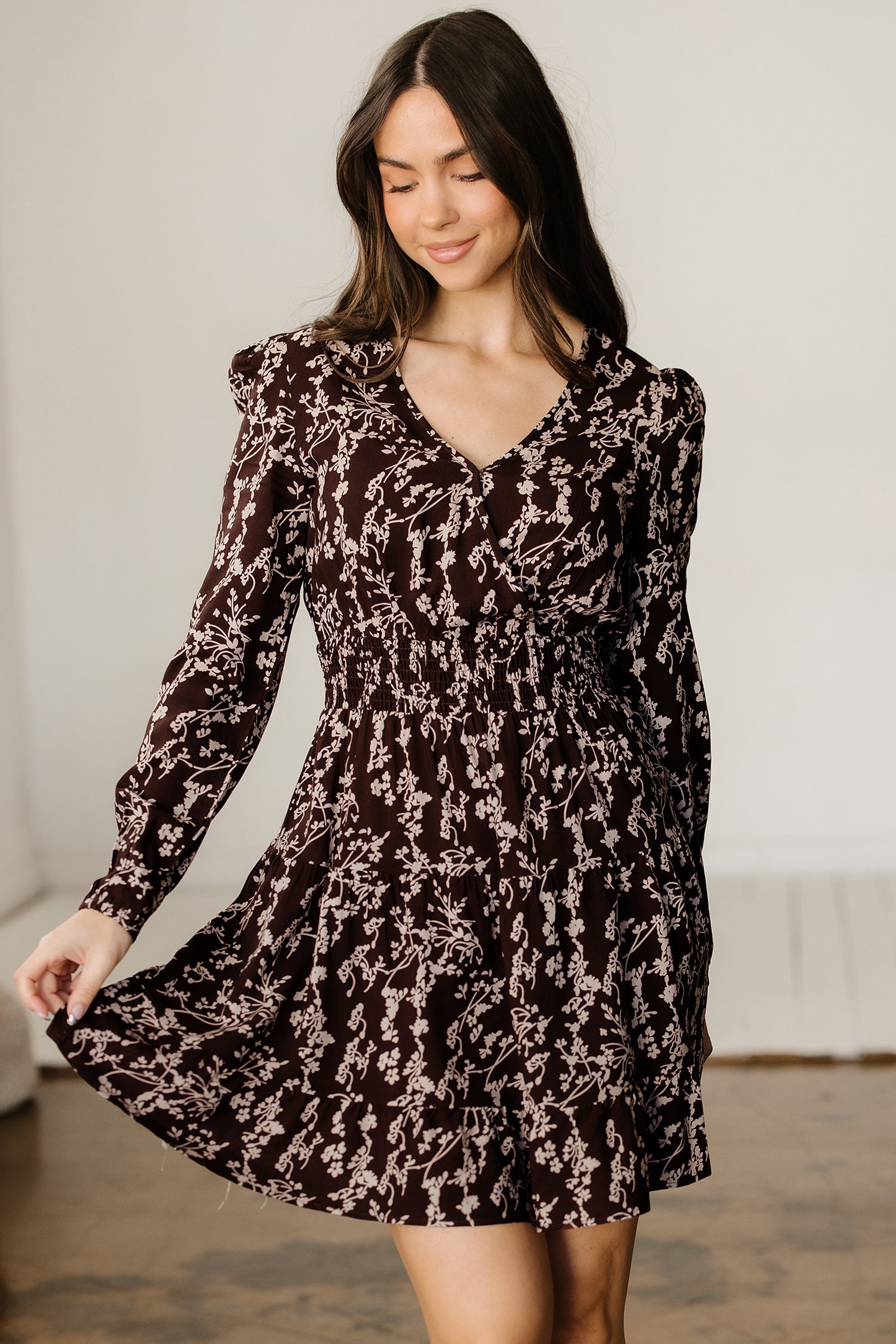 LuckeLadybug LLC Fit & Flare Mini Dress with Long Sleeves and Floral Print in Dark Purple