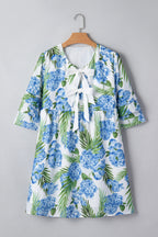 Sky Blue Palm Floral Print Contrast Ribbon Knot Ruffle Tiered Sleeve Mini Dress