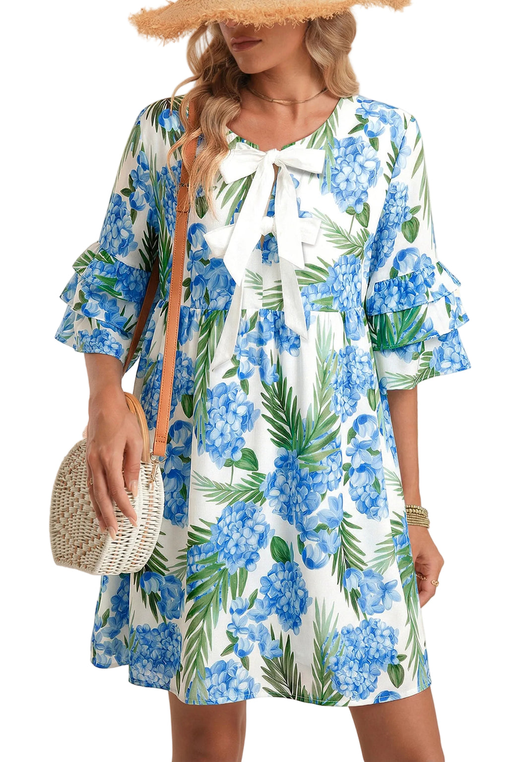 Sky Blue Palm Floral Print Contrast Ribbon Knot Ruffle Tiered Sleeve Mini Dress