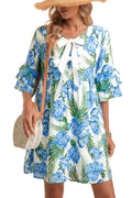 Sky Blue Palm Floral Print Contrast Ribbon Knot Ruffle Tiered Sleeve Mini Dress