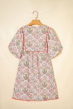 Pink Floral Print Tassel Tie V Neck Scalloped Detail Loose Mini Dress