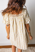 Multicolour Floral Print Contrast Ribbon Bow Lace Trim Square Neck Mini Dress