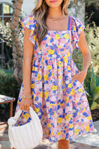 Multicolour Floral Print Flutter Sleeve Striped Trim Square Neck Loose Mini Dress