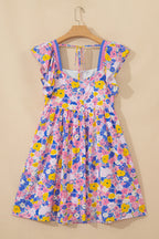 Multicolour Floral Print Flutter Sleeve Striped Trim Square Neck Loose Mini Dress