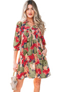 Green Floral Print Frilled Collar V Neck Half Sleeve Mini Dress