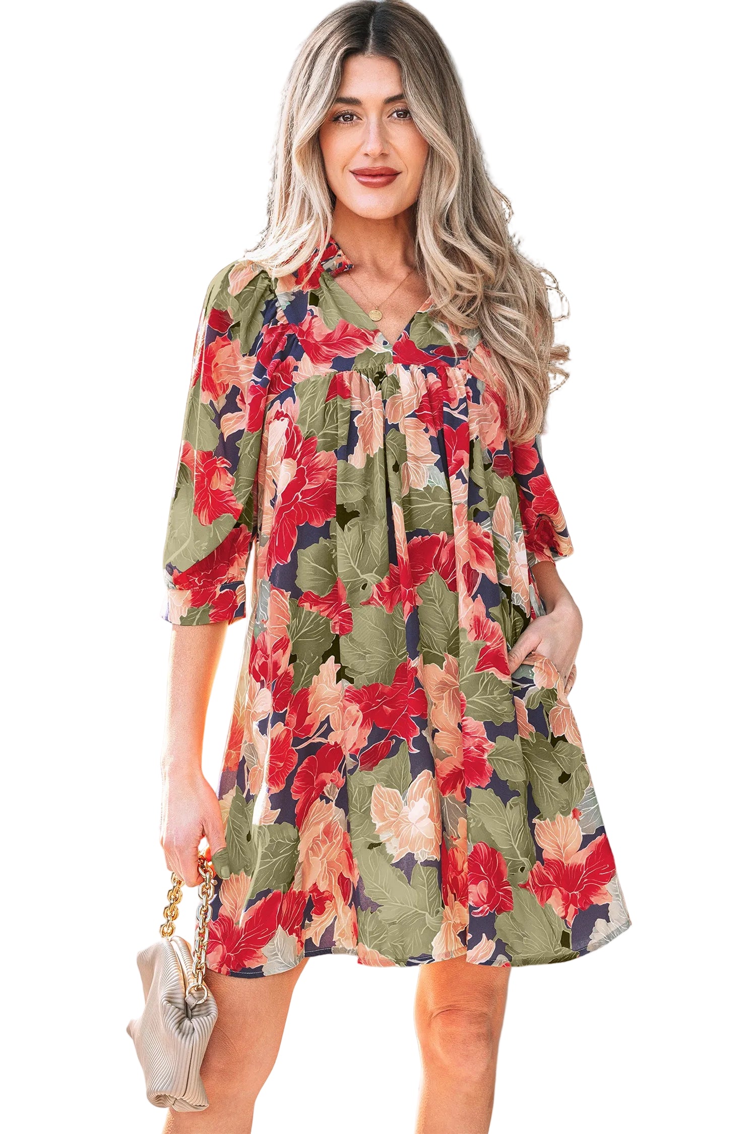 Green Floral Print Frilled Collar V Neck Half Sleeve Mini Dress