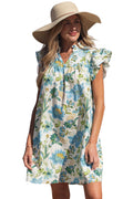 Beige Floral Print V Neck Triple Ruffle Short Sleeve Shift Mini Dress