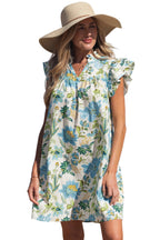 Beige Floral Print V Neck Triple Ruffle Short Sleeve Shift Mini Dress