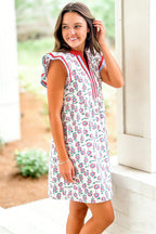 Sky Blue Floral Print Contrast Trim Flutter Sleeve Mini Dress