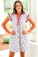 Sky Blue Floral Print Contrast Trim Flutter Sleeve Mini Dress