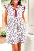 Minivestido celeste con estampado floral, ribete en contraste y mangas con volantes