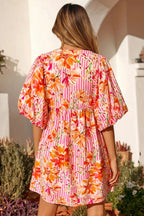 Pink Striped Floral Print Tie Neck Puff Sleeve Loose Mini Dress
