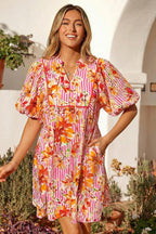 Pink Striped Floral Print Tie Neck Puff Sleeve Loose Mini Dress