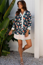 Blue Floral Print Striped Trim V Neck Long Sleeve Ruffle Hem Shift Mini Dress