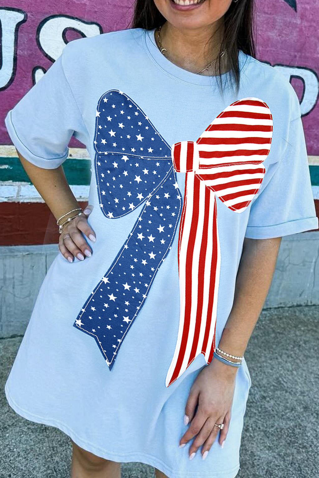 LuckeLadybug LLC T-Shirt featuring a large patriotic bow design, perfect as a casual dress mini dress