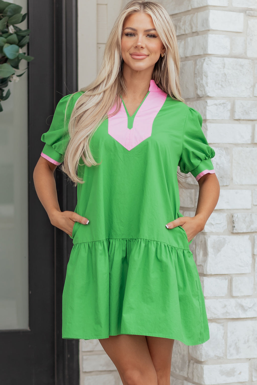 LuckeLadybug LLC Fit & Flare Mini Dress in Green with Pink Details and Pockets