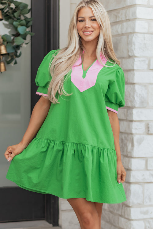LuckeLadybug LLC Fit & Flare Mini Dress in Green with Pink Collar for a Stylish Summer Look