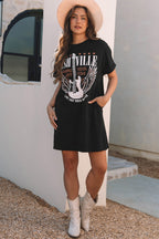 LuckeLadybug LLC black dress mini dress featuring a Nashville graphic design with short sleeves