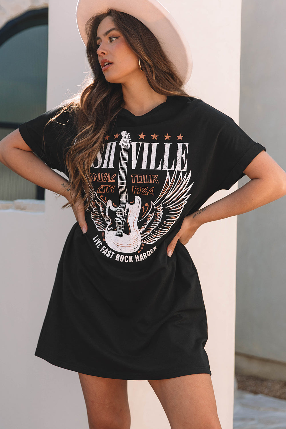 LuckeLadybug LL Black T-Shirt styled as a dress mini dress with graphic print and relaxed fit