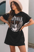 LuckeLadybug LL Black T-Shirt styled as a dress mini dress with graphic print and relaxed fit