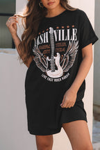 LuckeLadybug Black T-Shirt Dress Mini Dress with Nashville Graphic and Guitar Design