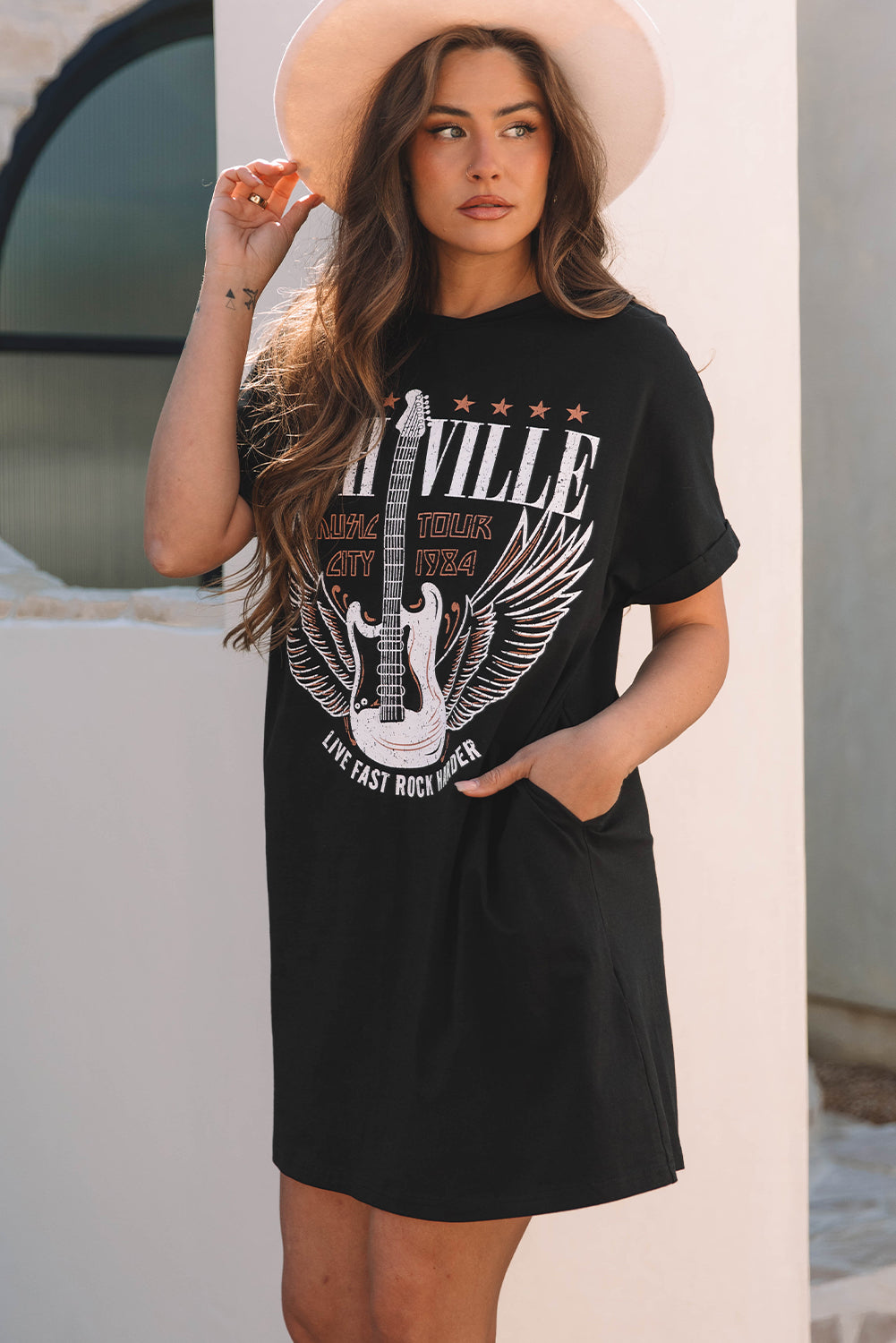 LuckeLadybug LLC Women's Black T-Shirt Dress Mini Dress with Graphic Design and Pockets