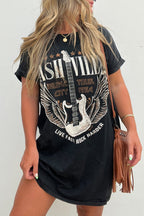LuckeLadybug LLC Black T-Shirt featuring vintage guitar design, styled as a casual dress mini dress