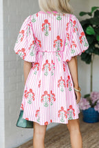 Sky Blue Floral Striped Print Tie Notched Neck Puff Sleeve Flared Mini Dress