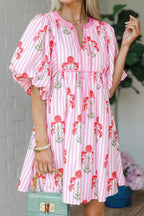 Minivestido evasé con cuello con muescas y mangas abullonadas con estampado floral a rayas azul cielo