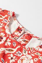 Red Colorful Floral Patchwork Long Sleeve Pleated Mini Dress