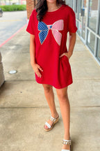 LuckeLadybug Red T-Shirt with Bow Design, Perfect as a Dress Mini Dress for Casual Outings