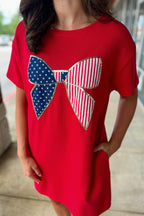 Red T-Shirt from LuckeLadybug LLC featuring a patriotic bow design, perfect as a casual dress mini dress