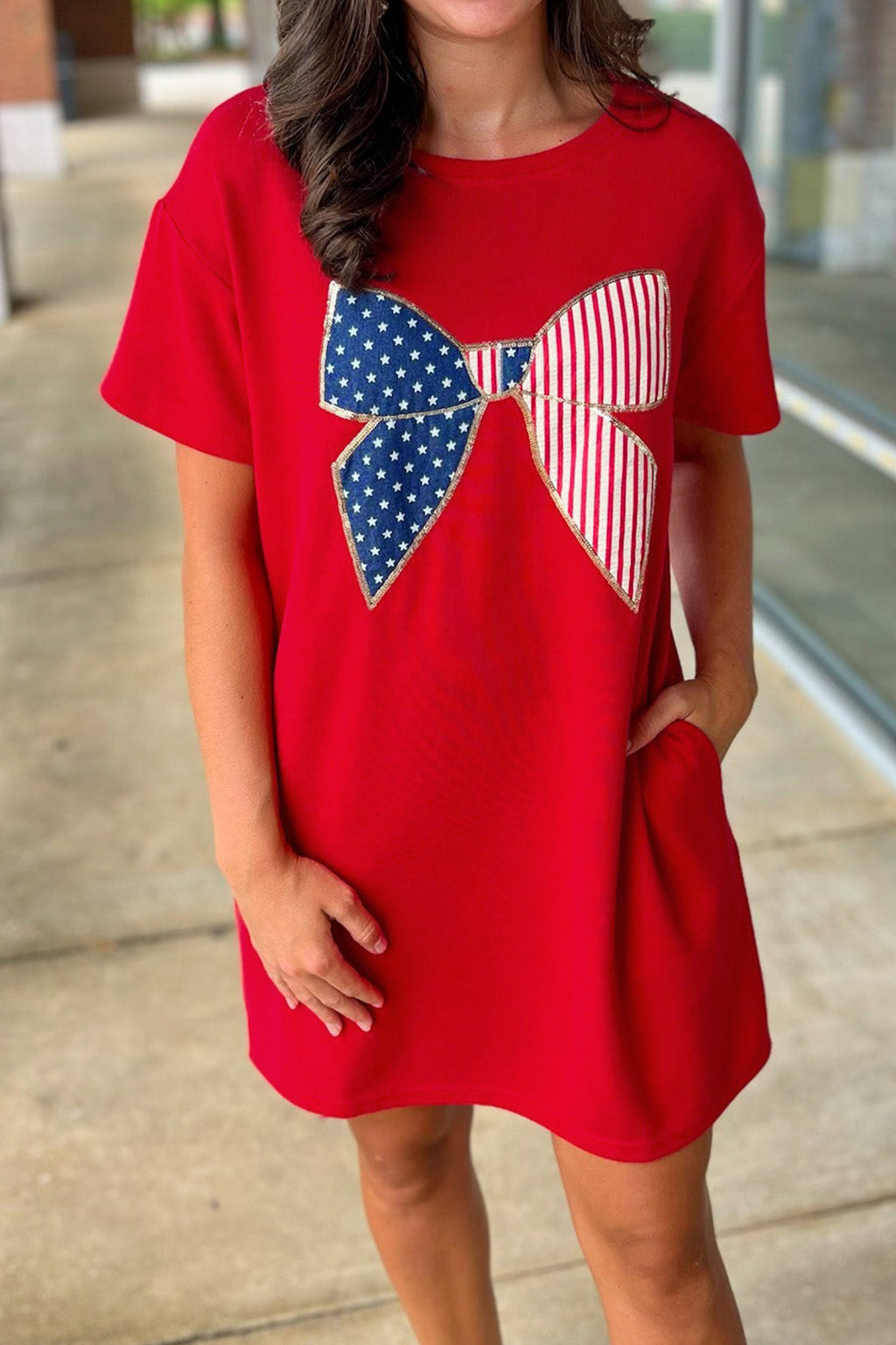 Red T-Shirt with a large patriotic bow design, perfect as a dress mini dress for casual outings