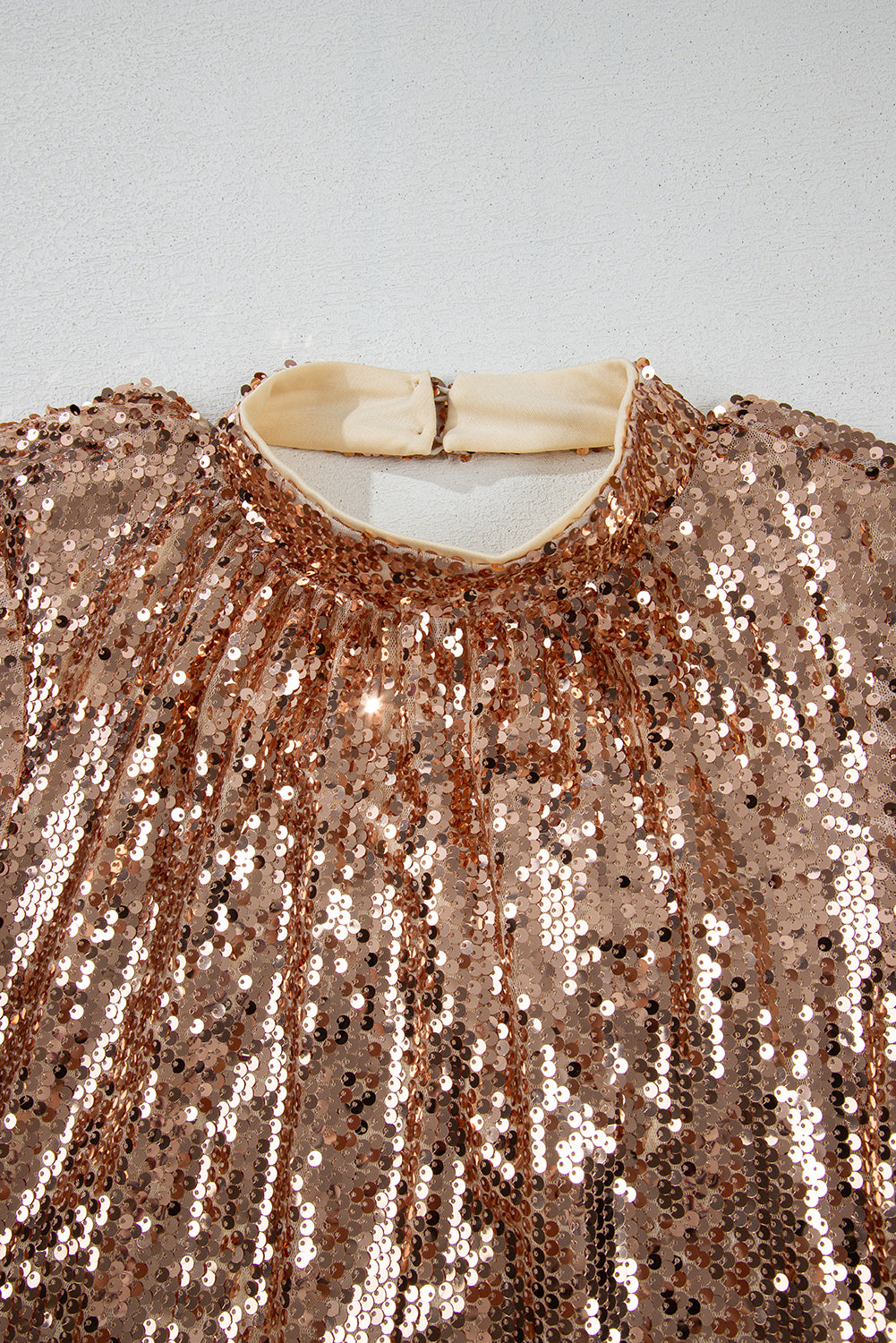 LuckeLadybug LLC Sequin Mini Dress in Rose Gold with High Neck and Back Button Closure