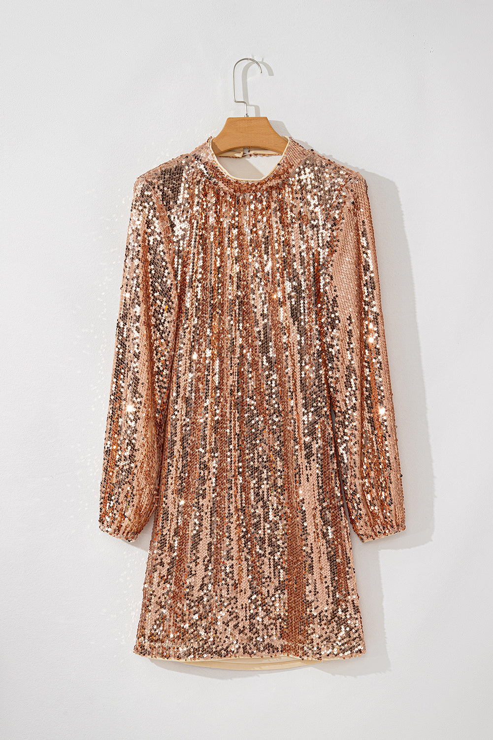 LuckeLadybug LLC Rose Gold Sequin Mini Dress with Long Sleeves and Pleated Design