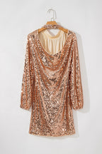 LuckeLadybug LLC Rose Gold Sequin Mini Dress with Long Sleeves and Back Cutout Design