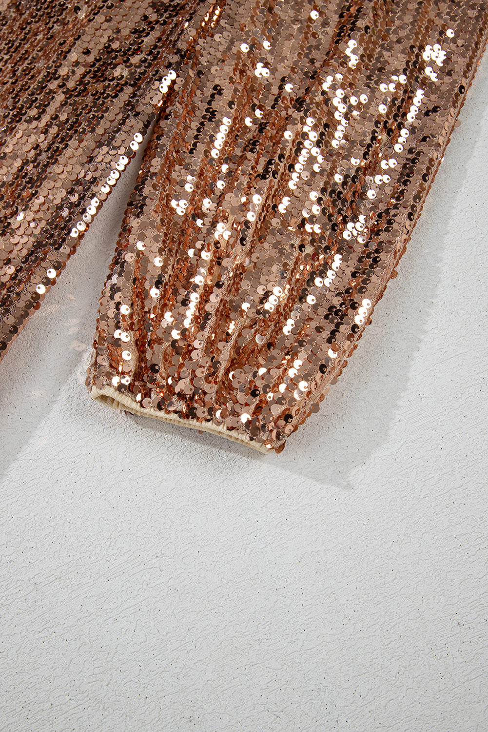 Sparkling rose gold sequin fabric for a luxurious mini dress from LuckeLadybug LLC