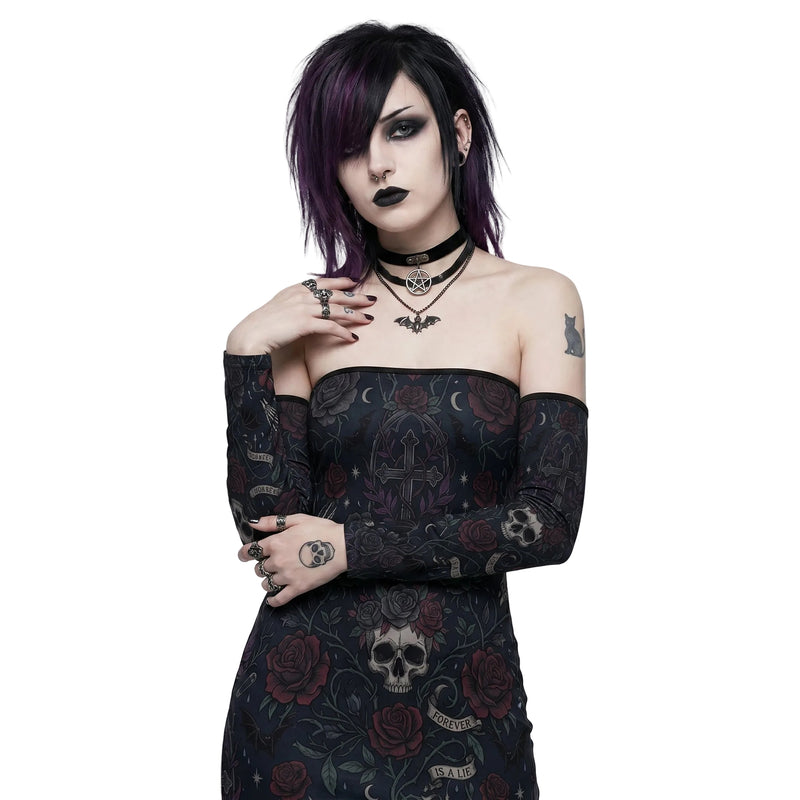 LuckeLadybug dress off the shoulder in black with floral and skull patterns for a gothic look
