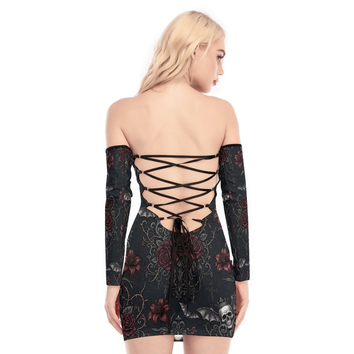 LuckeLadybug dress off the shoulder with lace-up back design and floral print for a stylish look