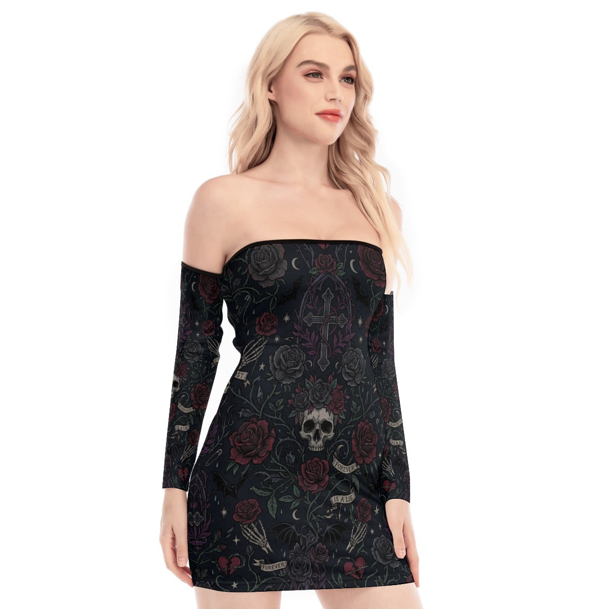 LuckeLadybug dress off the shoulder with floral and skull design for a bold fashion statement