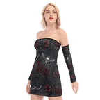 LuckeLadybug dress off the shoulder in black with gothic floral and skull design