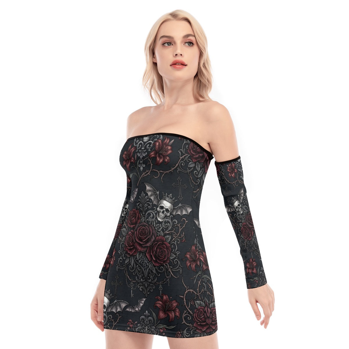 LuckeLadybug dress off the shoulder in black with gothic floral and skull design