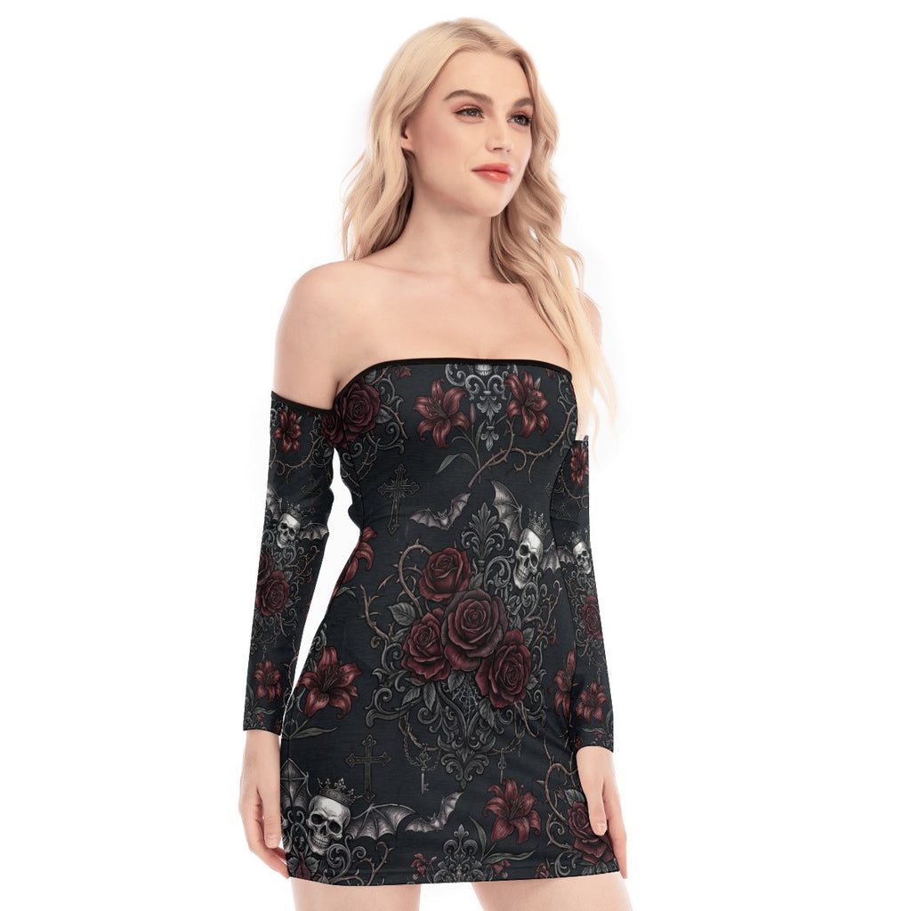 LuckeLadybug dress off the shoulder featuring floral and skull design for a stylish look